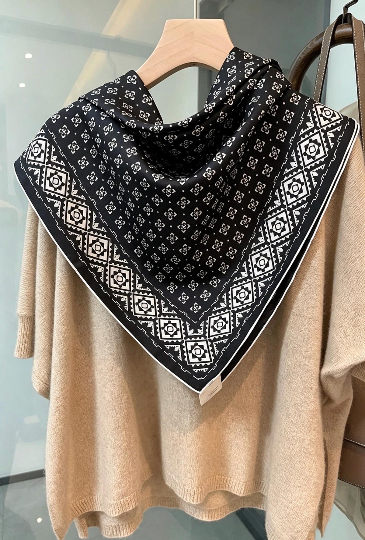 100% Silk Scarf 35"x35" 88x88cm, Black White Space Silk Twill Scarf, Quiet Luxury Large Square Bandana, Old Money Aesthetic Gift