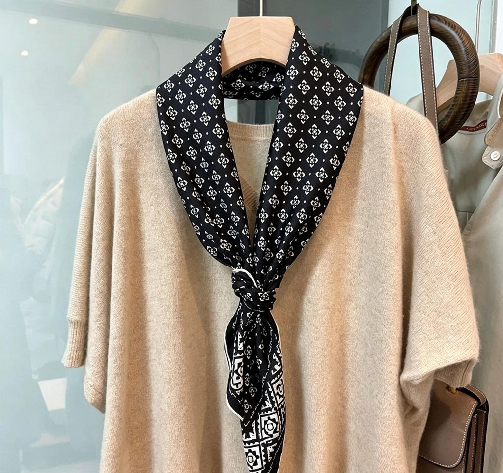 100% Silk Scarf 35"x35" 88x88cm, Black White Space Silk Twill Scarf, Quiet Luxury Large Square Bandana, Old Money Aesthetic Gift