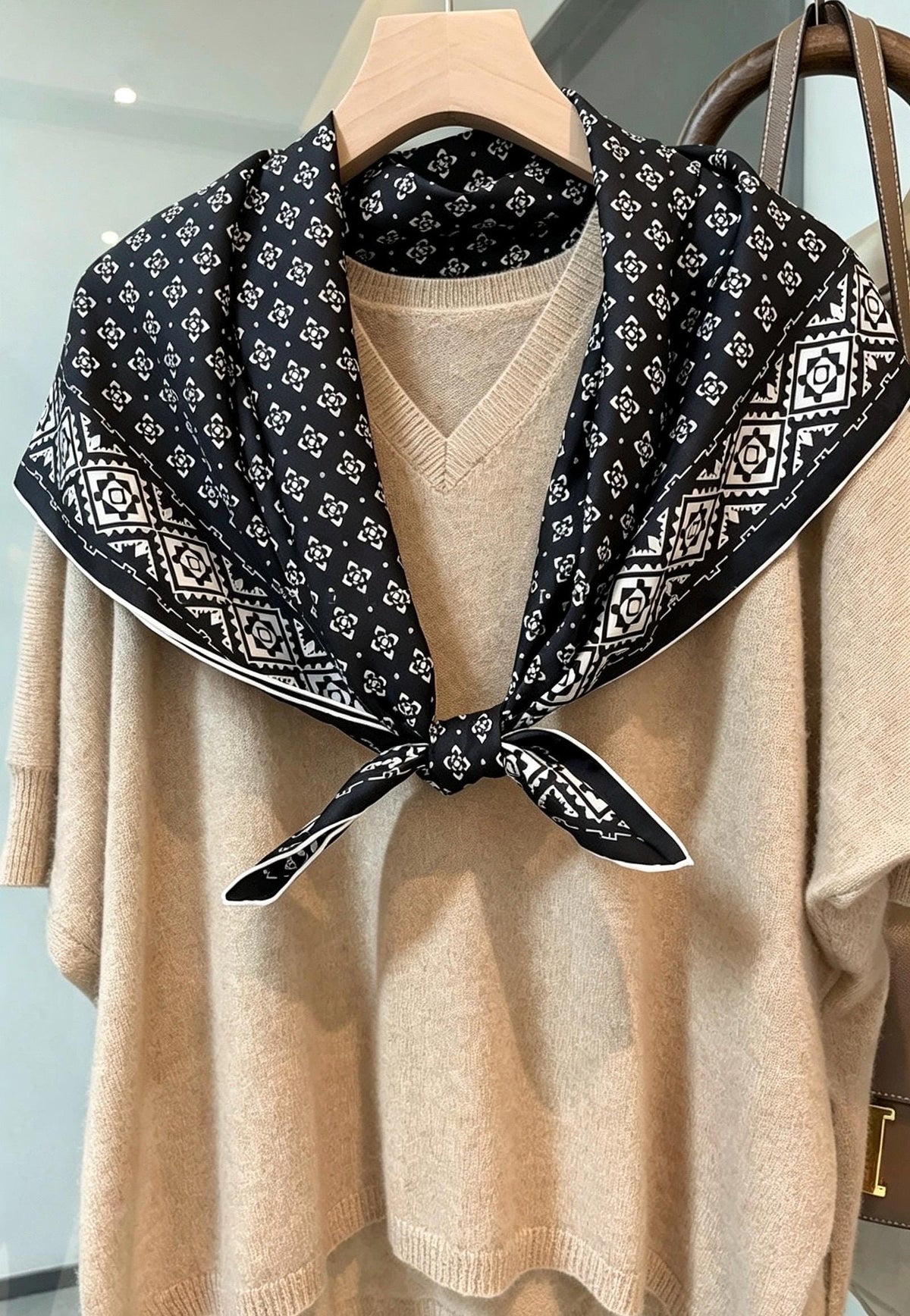 100% Silk Scarf 35"x35" 88x88cm, Black White Space Silk Twill Scarf, Quiet Luxury Large Square Bandana, Old Money Aesthetic Gift