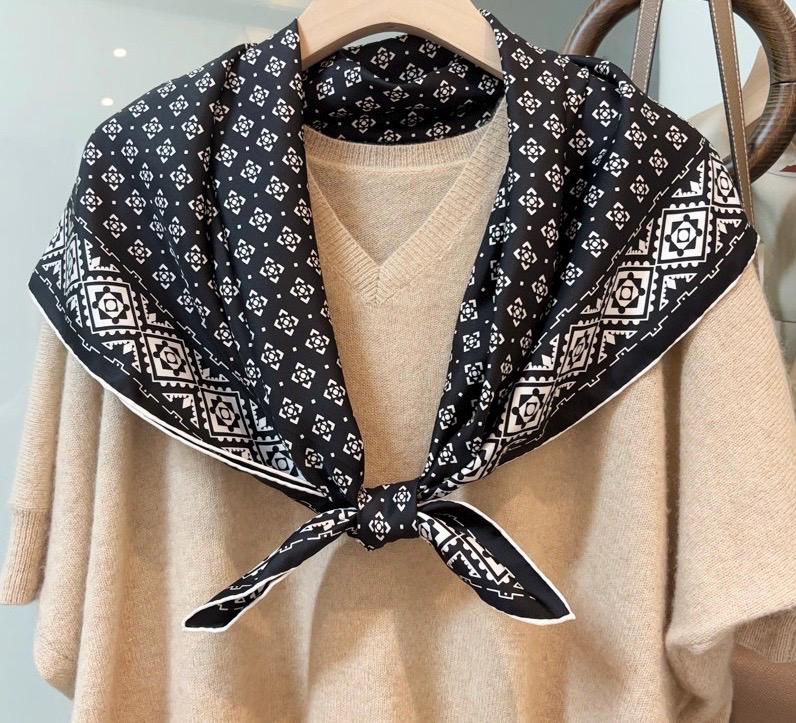 100% Silk Scarf 35"x35" 88x88cm, Black White Space Silk Twill Scarf, Quiet Luxury Large Square Bandana, Old Money Aesthetic Gift