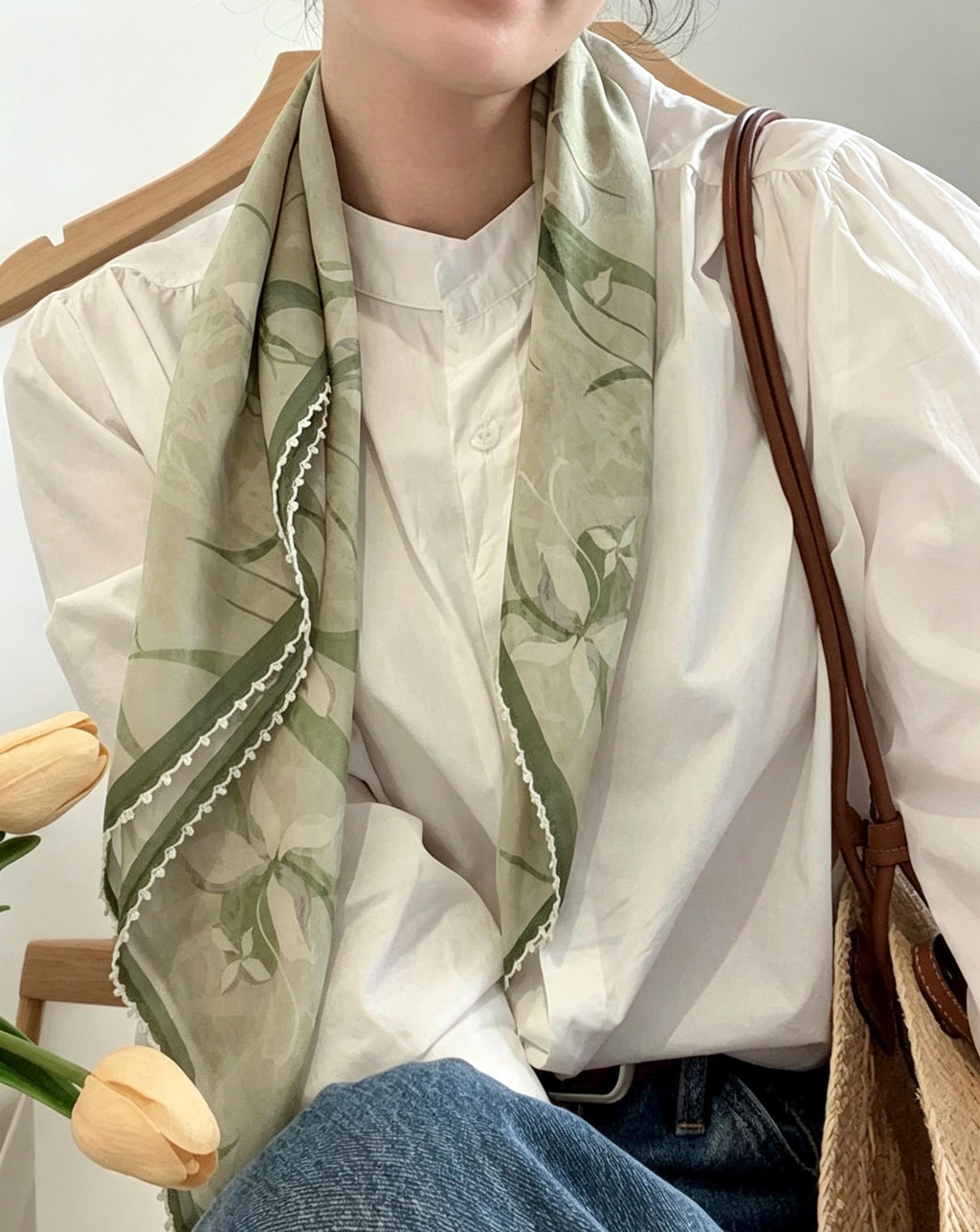 100% Mulberry Silk Scarf 26"x26" 65x65cm, Ink Orchid Botanical Print, Silk Crepe de Chine Square Wrap, Muted Green Summer Gift for Her
