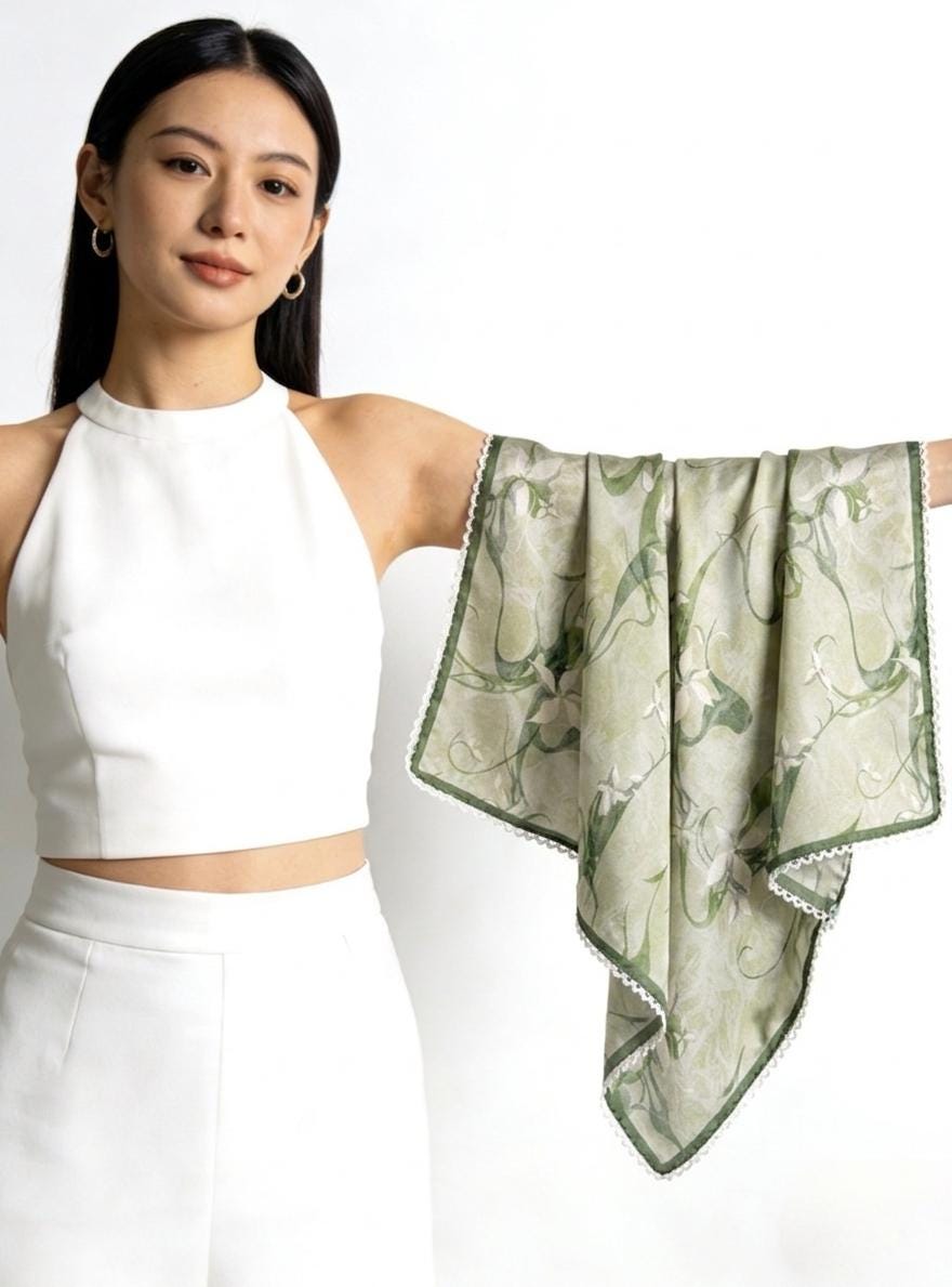 100% Mulberry Silk Scarf 26"x26" 65x65cm, Ink Orchid Botanical Print, Silk Crepe de Chine Square Wrap, Muted Green Summer Gift for Her