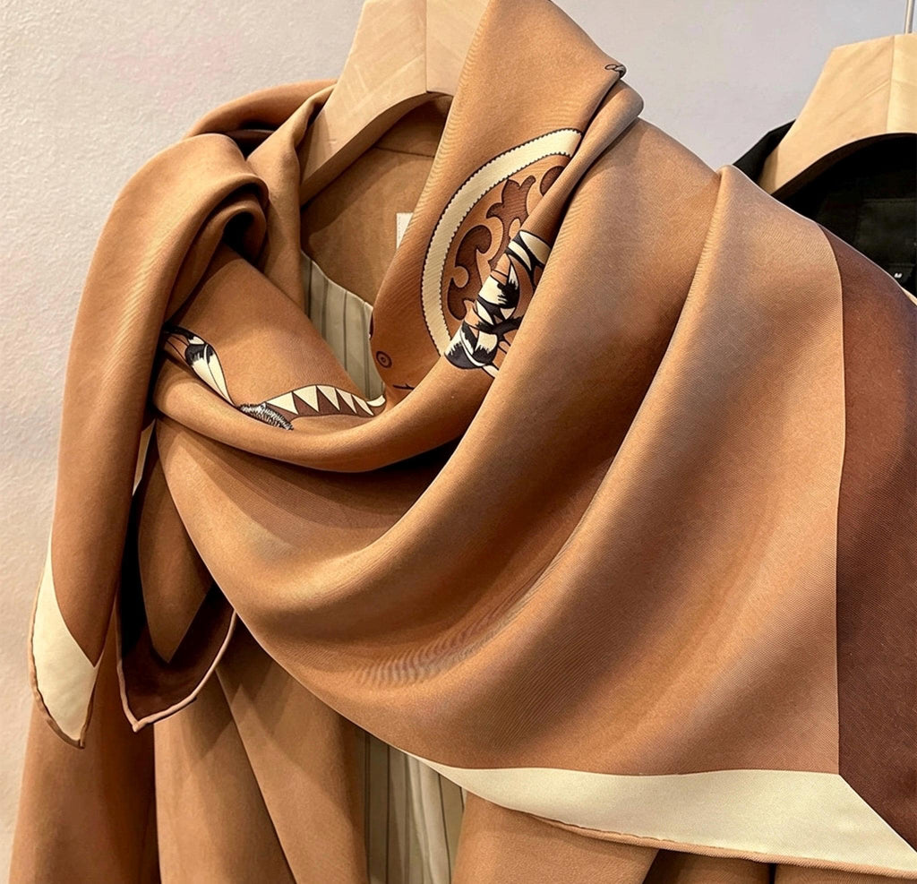 100% Silk Wool Scarf 35"x35" 88x88cm, Elegant Crest Emblem Silk Twill Scarf, Quiet Luxury Sandwashed Large Bandana, Old Money Aesthetic Gift