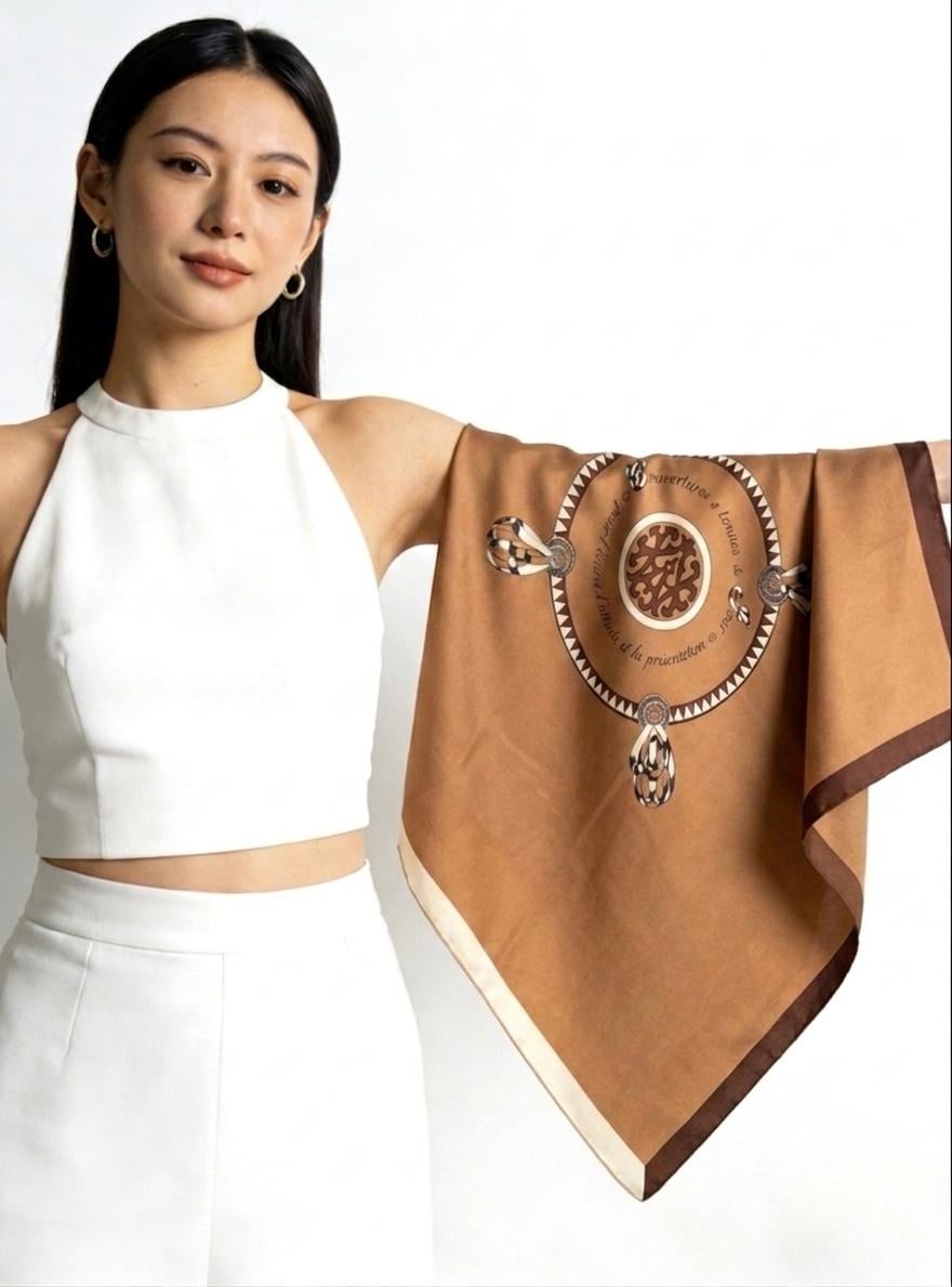 100% Silk Wool Scarf 35"x35" 88x88cm, Elegant Crest Emblem Silk Twill Scarf, Quiet Luxury Sandwashed Large Bandana, Old Money Aesthetic Gift