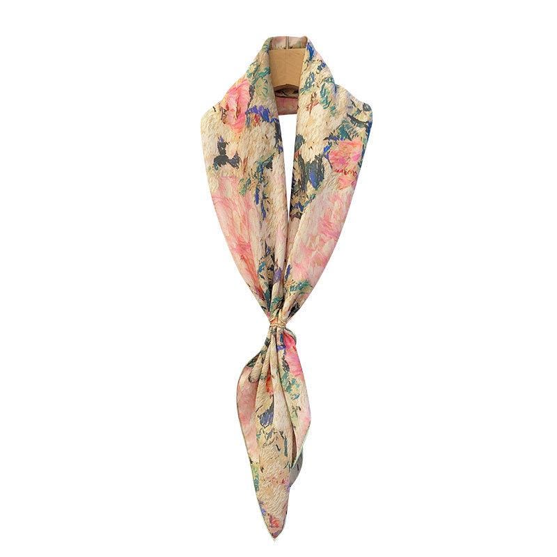 100% Silk Wool Scarf 35"x35" 88x88cm, March Blossom Flower Sea Silk Scarf, Quiet Luxury 14mm Twill Bandana, Old Money Aesthetic Gift
