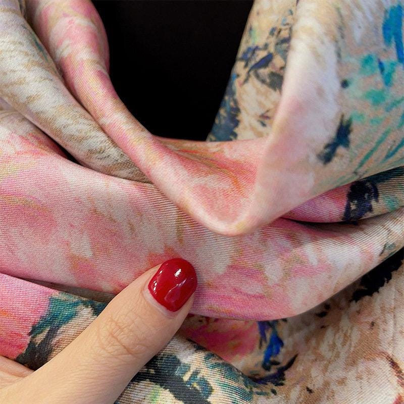 100% Silk Wool Scarf 35"x35" 88x88cm, March Blossom Flower Sea Silk Scarf, Quiet Luxury 14mm Twill Bandana, Old Money Aesthetic Gift