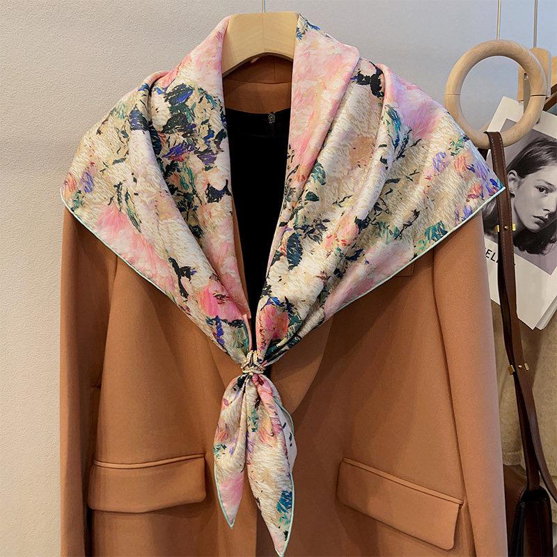 100% Silk Wool Scarf 35"x35" 88x88cm, March Blossom Flower Sea Silk Scarf, Quiet Luxury 14mm Twill Bandana, Old Money Aesthetic Gift