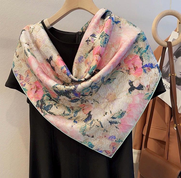 100% Silk Wool Scarf 35"x35" 88x88cm, March Blossom Flower Sea Silk Scarf, Quiet Luxury 14mm Twill Bandana, Old Money Aesthetic Gift