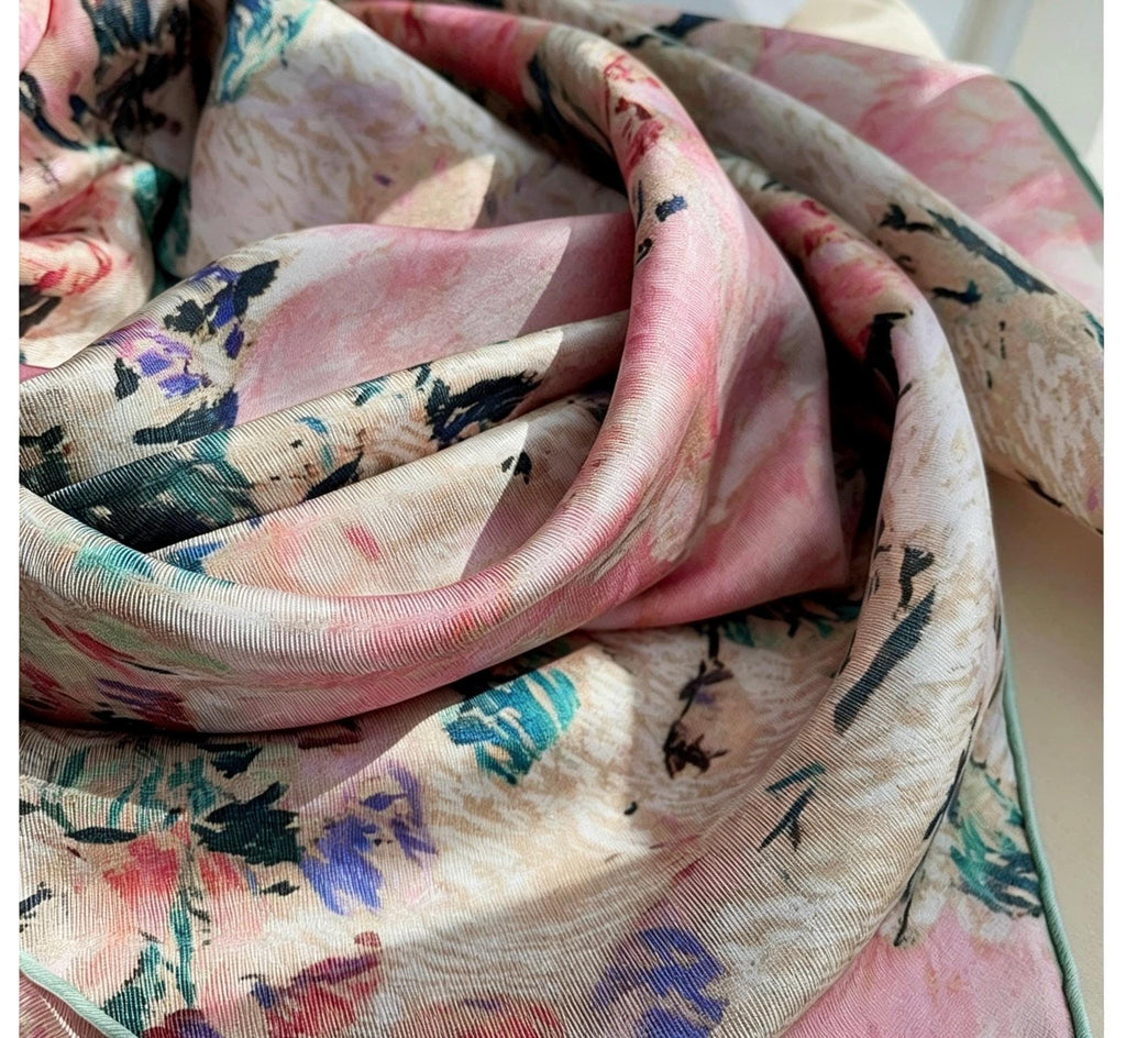 100% Silk Wool Scarf 35"x35" 88x88cm, March Blossom Flower Sea Silk Scarf, Quiet Luxury 14mm Twill Bandana, Old Money Aesthetic Gift