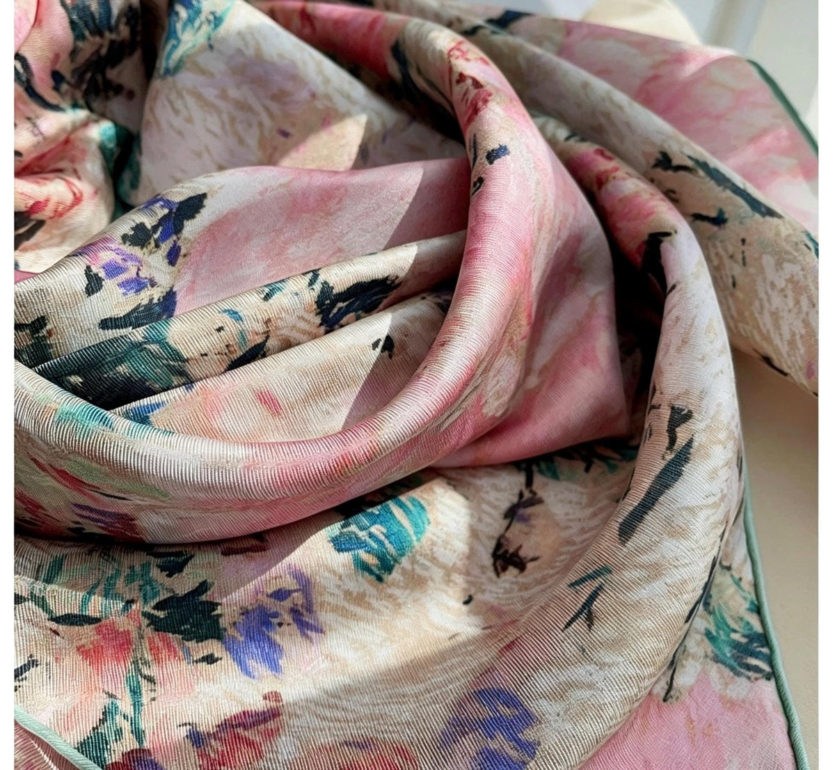 100% Silk Wool Scarf 35"x35" 88x88cm, March Blossom Flower Sea Silk Scarf, Quiet Luxury 14mm Twill Bandana, Old Money Aesthetic Gift