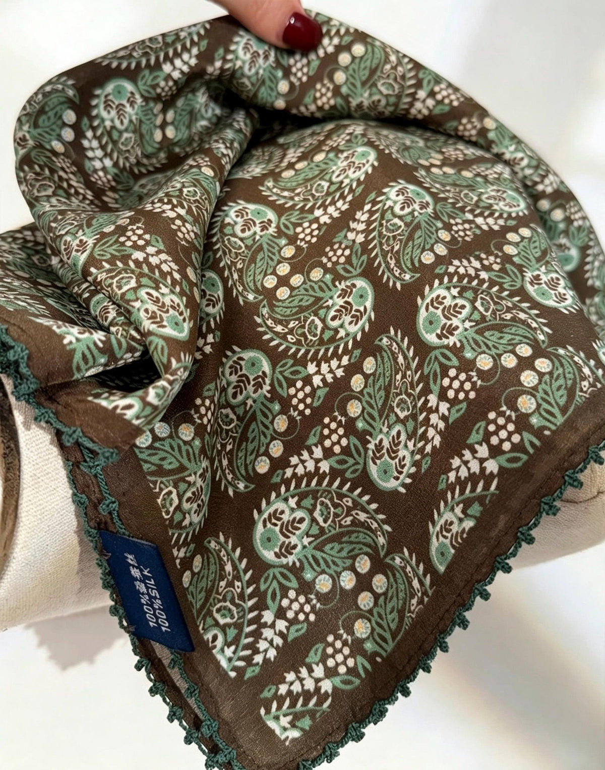 100% Mulberry Silk Scarf 27"x27" 68x68cm, Deep Brown Vintage European Pattern Silk Crepe de Chine Square Scarf, Classic Gift for Her