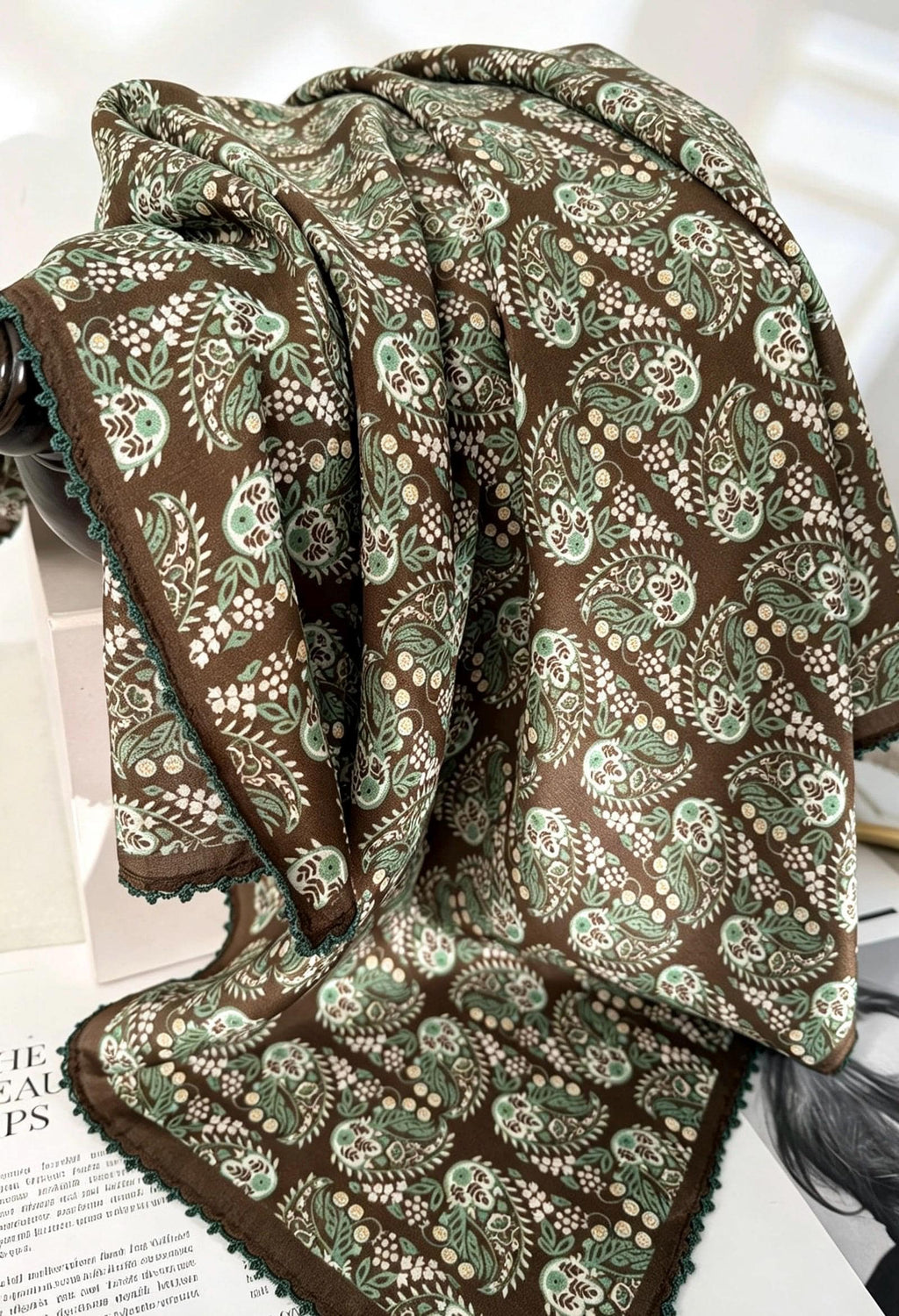 100% Mulberry Silk Scarf 27"x27" 68x68cm, Deep Brown Vintage European Pattern Silk Crepe de Chine Square Scarf, Classic Gift for Her