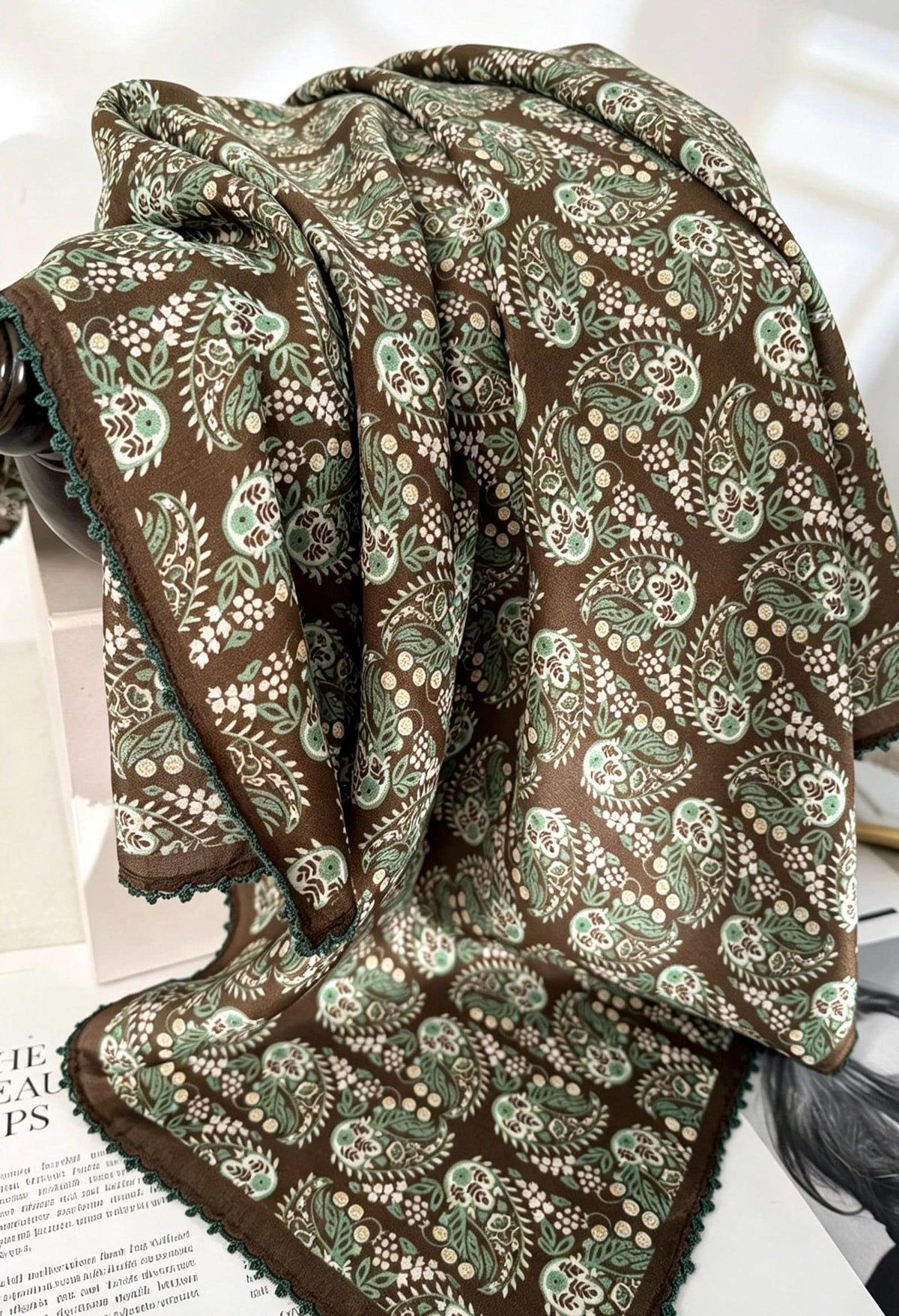 100% Mulberry Silk Scarf 27"x27" 68x68cm, Deep Brown Vintage European Pattern Silk Crepe de Chine Square Scarf, Classic Gift for Her