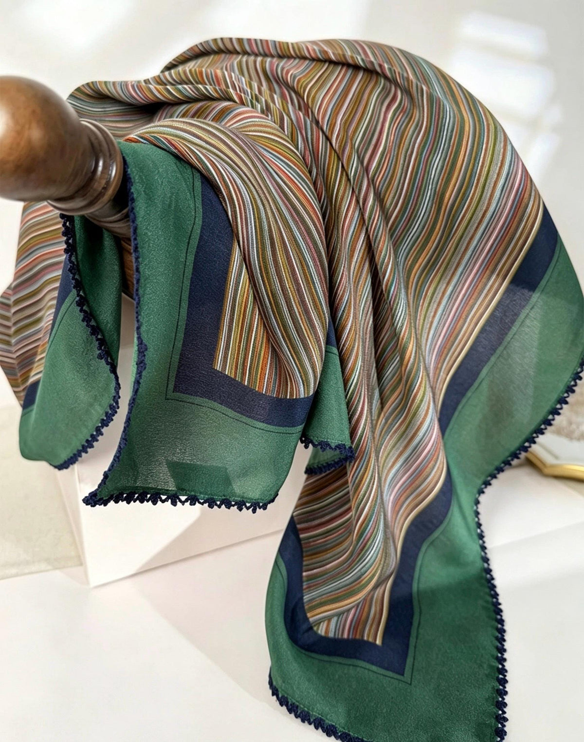 100% Mulberry Silk Scarf 26"x26" 65x65cm, Vintage Ethnic Color Block Stripe Silk Crepe de Chine Square Scarf, Artistic Gift for Her