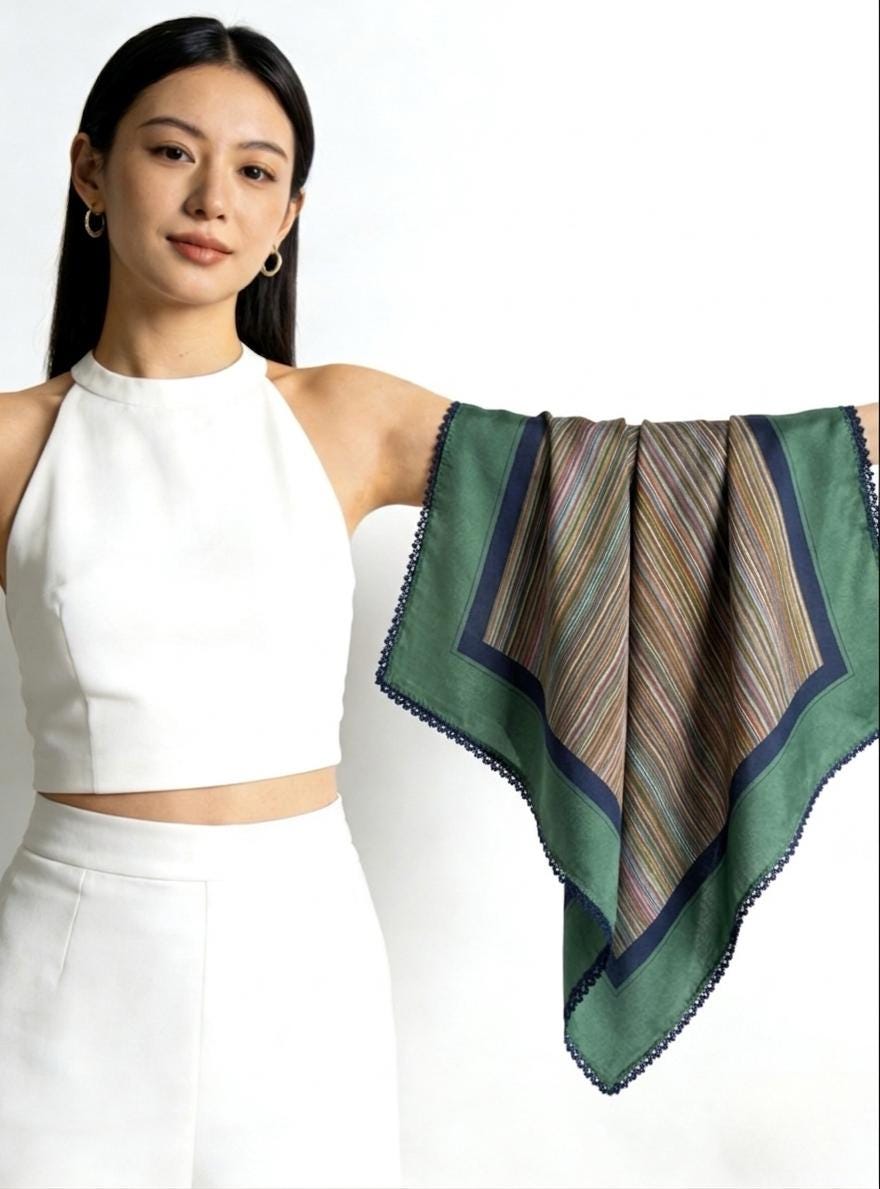 100% Mulberry Silk Scarf 26"x26" 65x65cm, Vintage Ethnic Color Block Stripe Silk Crepe de Chine Square Scarf, Artistic Gift for Her