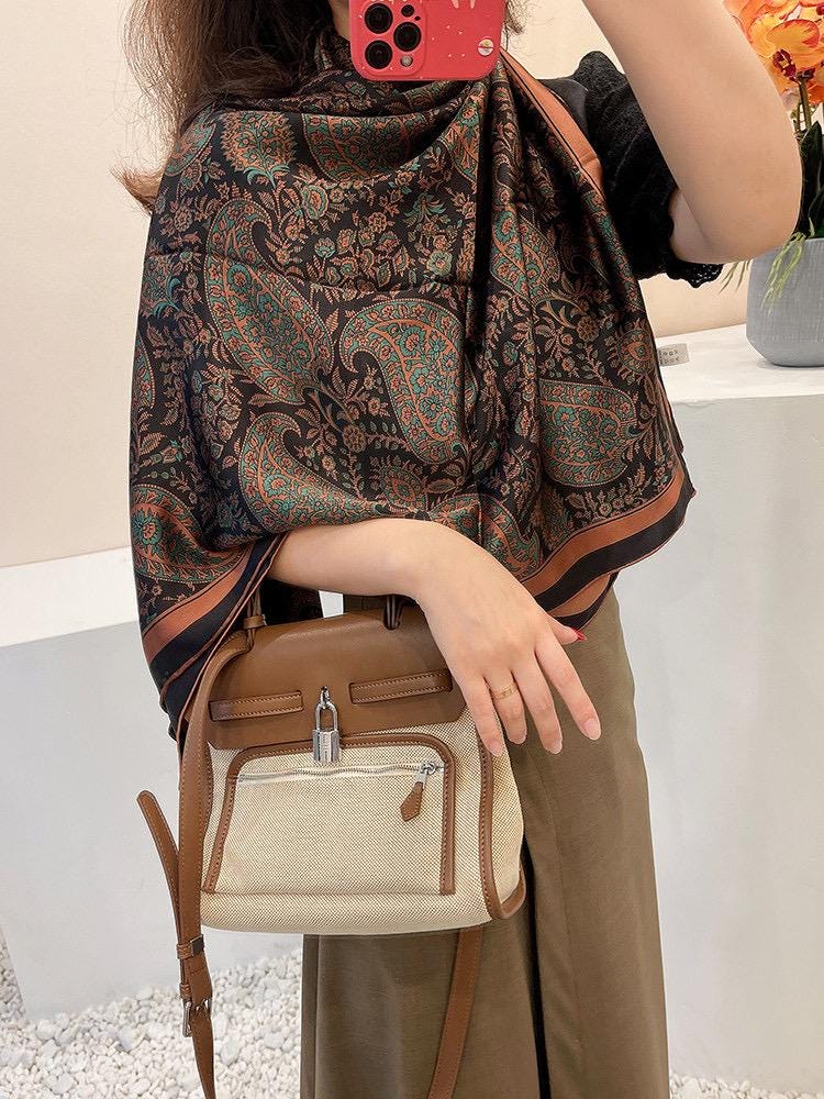 100% Mulberry Silk Scarf 42"x42" 108x108cm, Vintage Paisley Satin Shawl, Elegant Silk Hair Wrap, Large Square Scarf Gift for Her