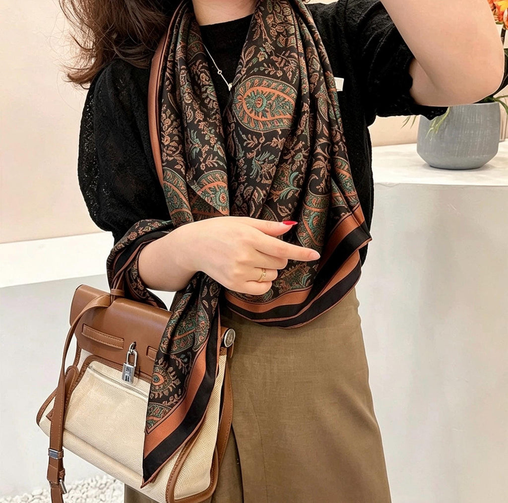 100% Mulberry Silk Scarf 42"x42" 108x108cm, Vintage Paisley Satin Shawl, Elegant Silk Hair Wrap, Large Square Scarf Gift for Her