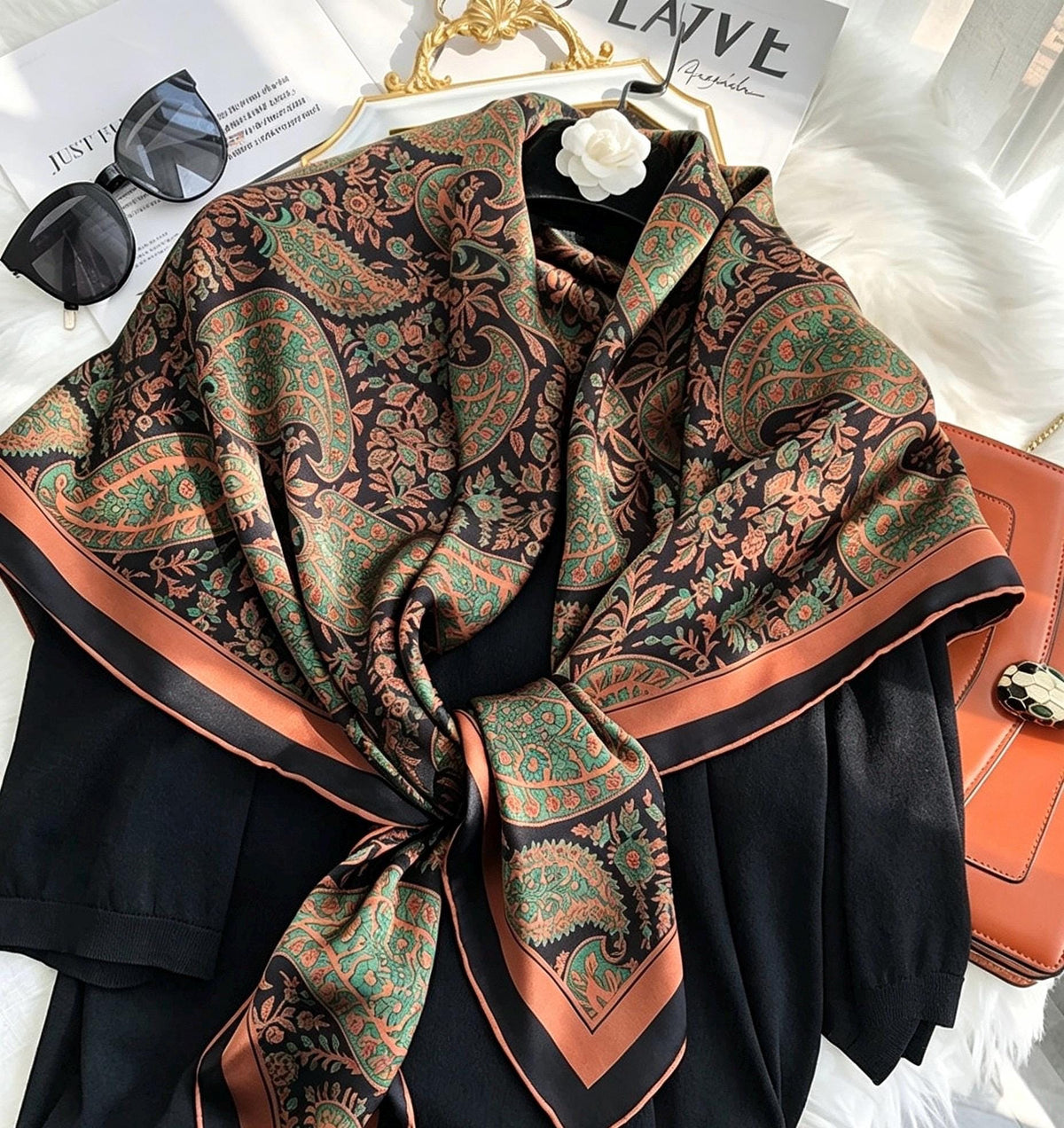 100% Mulberry Silk Scarf 42"x42" 108x108cm, Vintage Paisley Satin Shawl, Elegant Silk Hair Wrap, Large Square Scarf Gift for Her