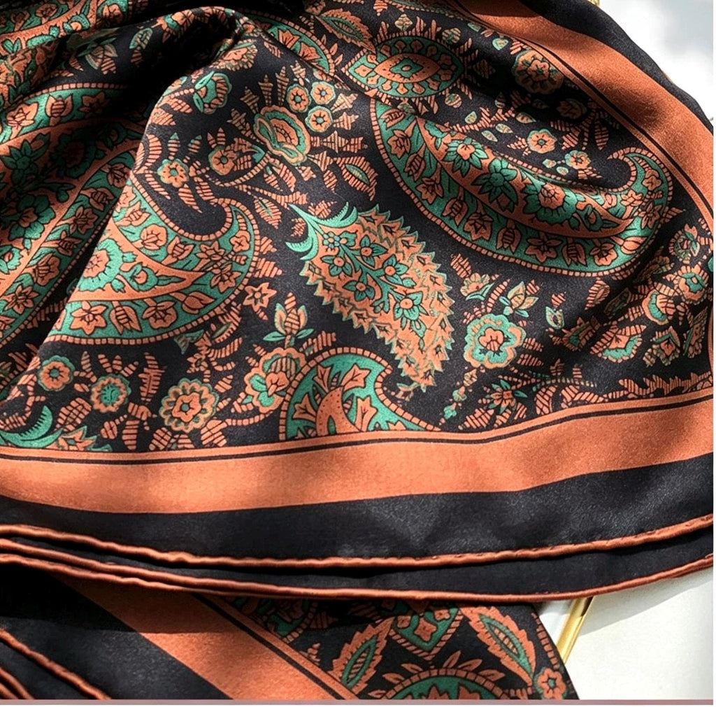 100% Mulberry Silk Scarf 42"x42" 108x108cm, Vintage Paisley Satin Shawl, Elegant Silk Hair Wrap, Large Square Scarf Gift for Her