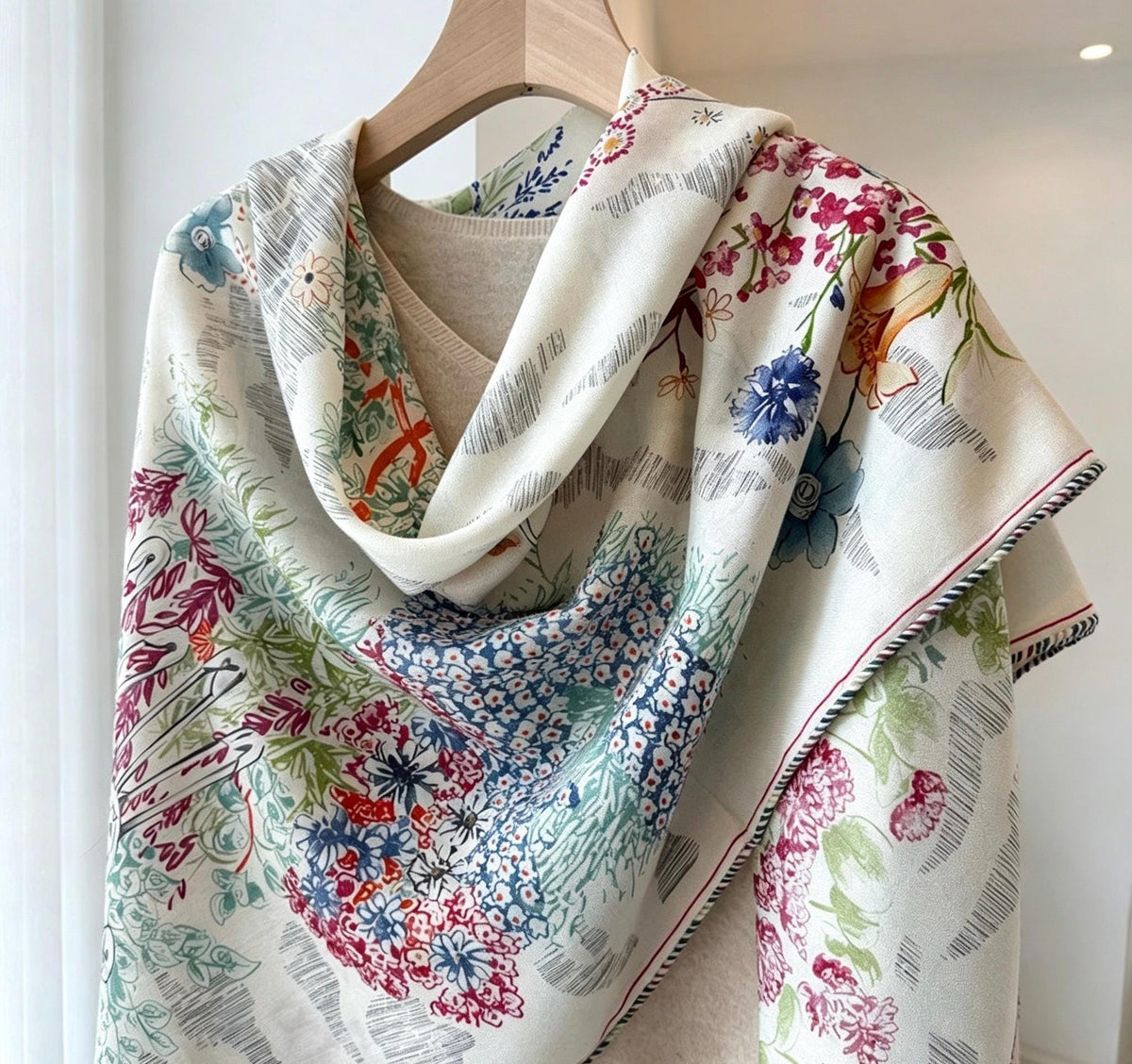 Silk Wool Scarf 53"x53" 135x135cm, Watercolor Forest Soft Floral Silk Wool Blend Square Shawl, Whimsical Garden Gift for Her