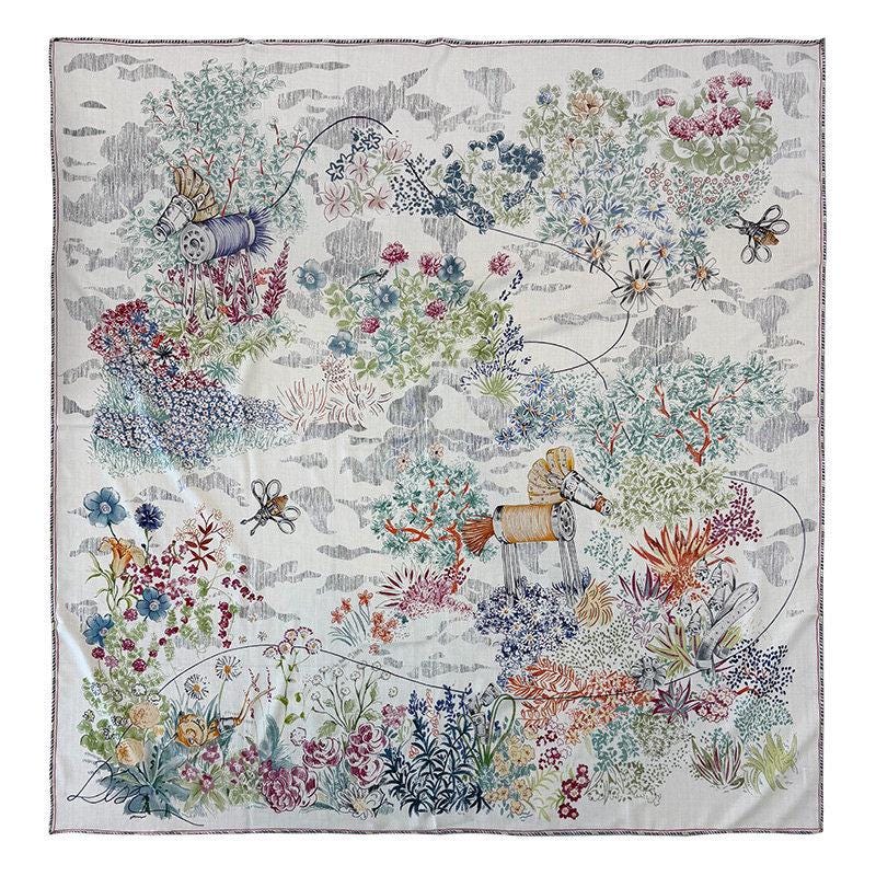 Silk Wool Scarf 53"x53" 135x135cm, Watercolor Forest Soft Floral Silk Wool Blend Square Shawl, Whimsical Garden Gift for Her