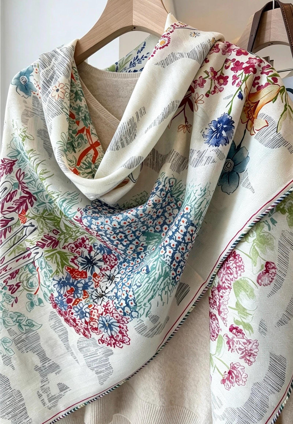 Silk Wool Scarf 53"x53" 135x135cm, Watercolor Forest Soft Floral Silk Wool Blend Square Shawl, Whimsical Garden Gift for Her