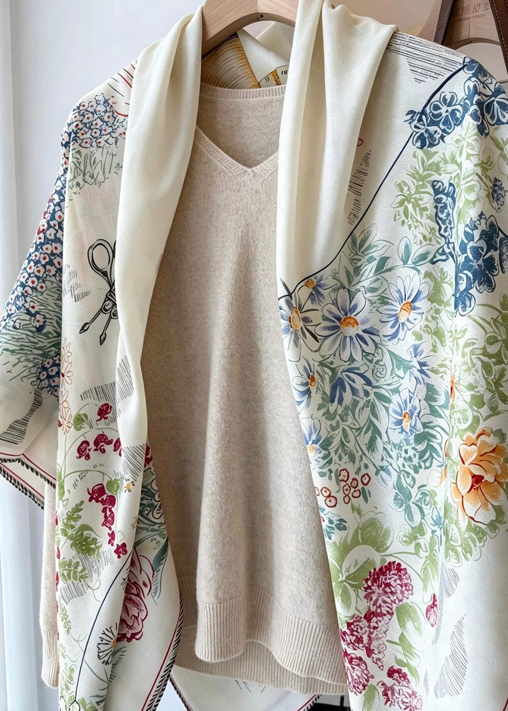 Silk Wool Scarf 53"x53" 135x135cm, Watercolor Forest Soft Floral Silk Wool Blend Square Shawl, Whimsical Garden Gift for Her