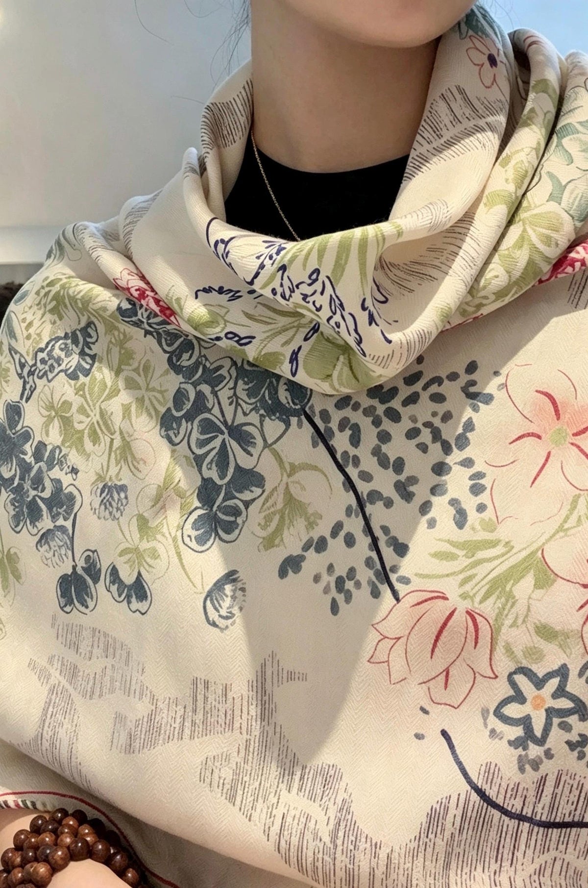 Silk Wool Scarf 53"x53" 135x135cm, Watercolor Forest Soft Floral Silk Wool Blend Square Shawl, Whimsical Garden Gift for Her