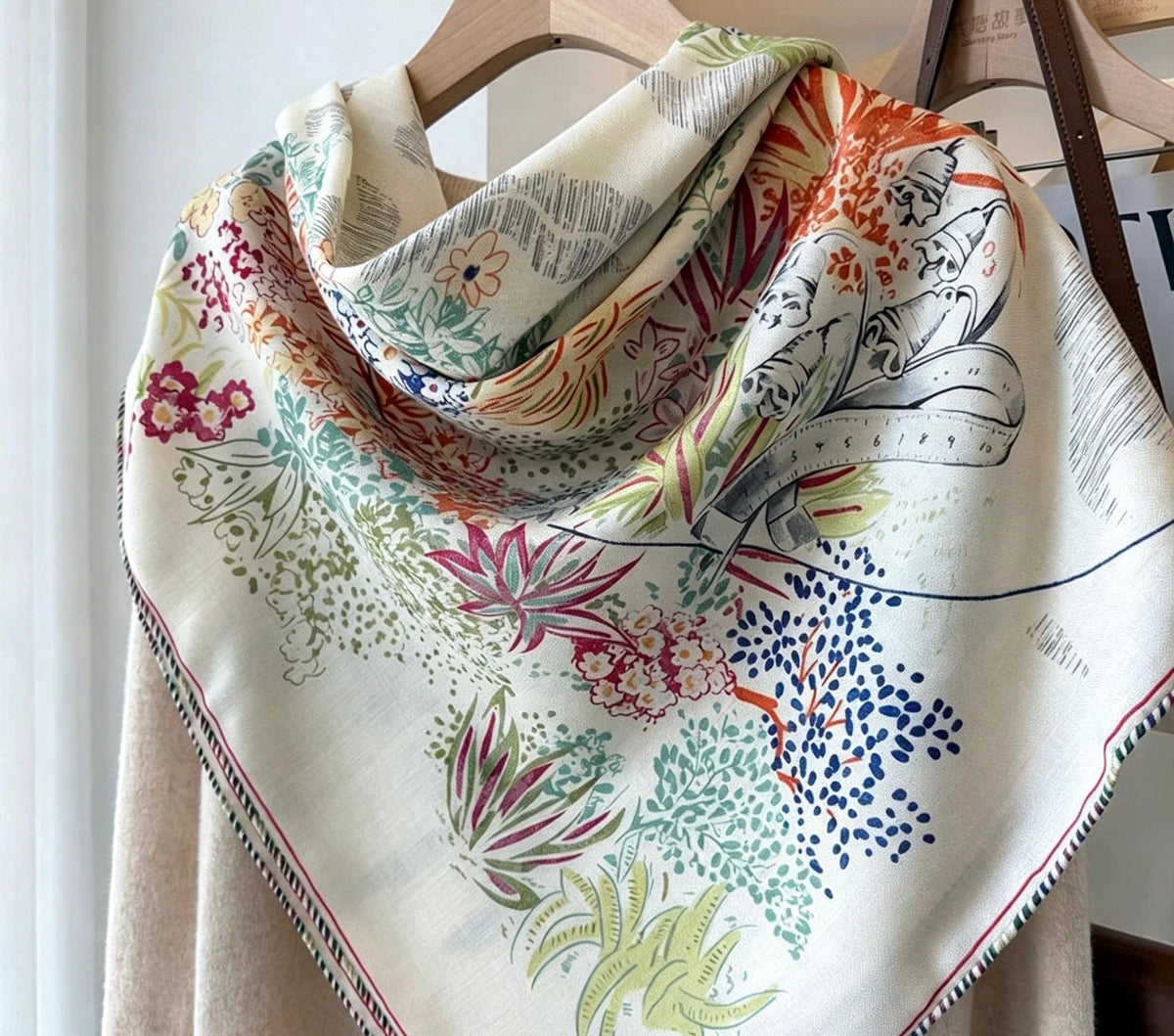 Silk Wool Scarf 53"x53" 135x135cm, Watercolor Forest Soft Floral Silk Wool Blend Square Shawl, Whimsical Garden Gift for Her