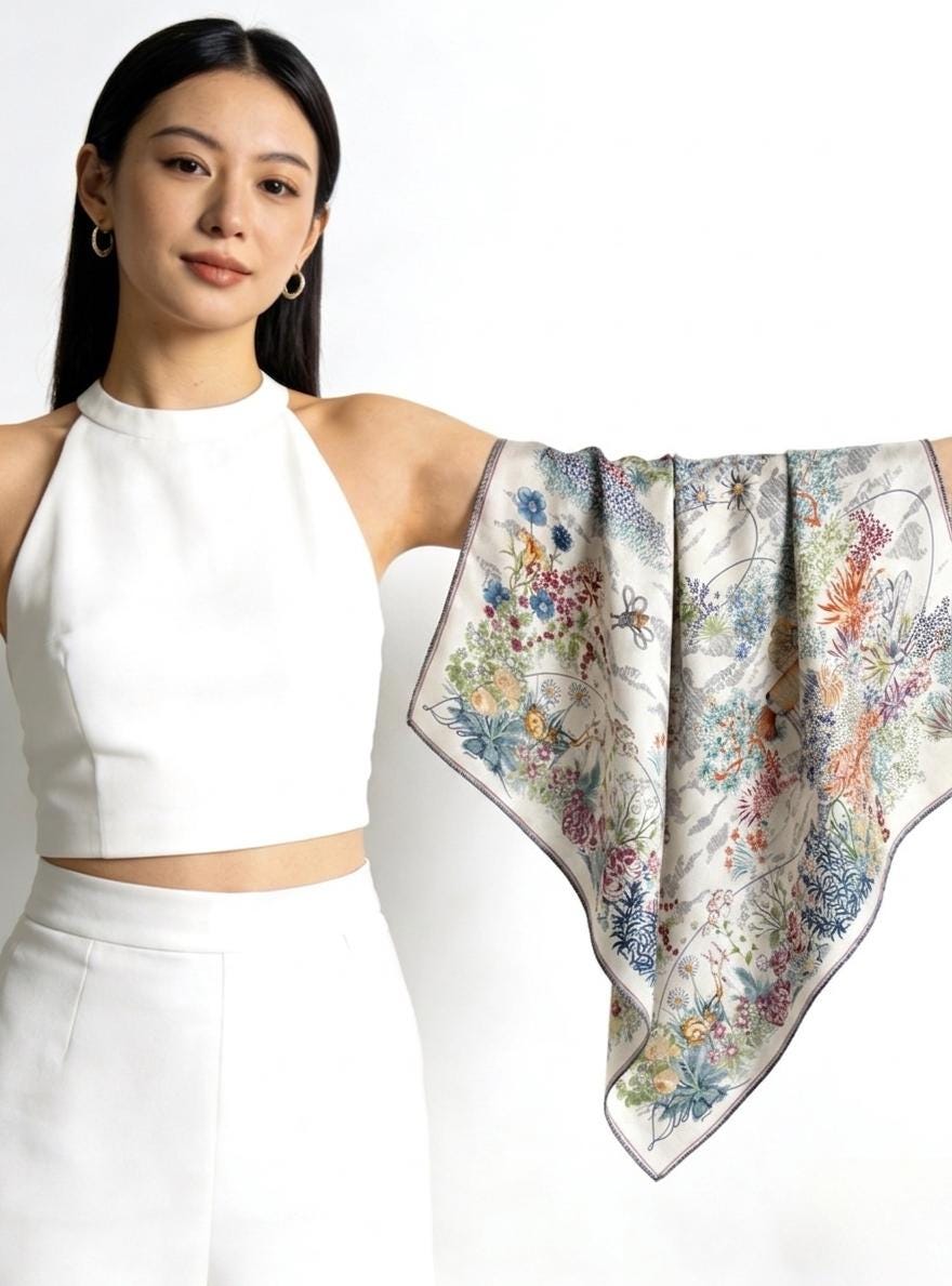 Silk Wool Scarf 53"x53" 135x135cm, Watercolor Forest Soft Floral Silk Wool Blend Square Shawl, Whimsical Garden Gift for Her
