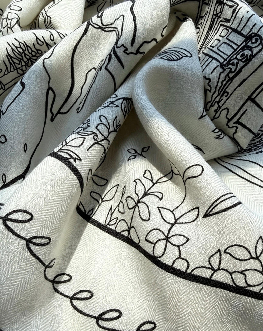 Silk Wool Scarf 53"x53" 135x135cm, Paris Street Sketch Minimalist French Style Silk Wool Blend Square Shawl, Classic Gift for Her