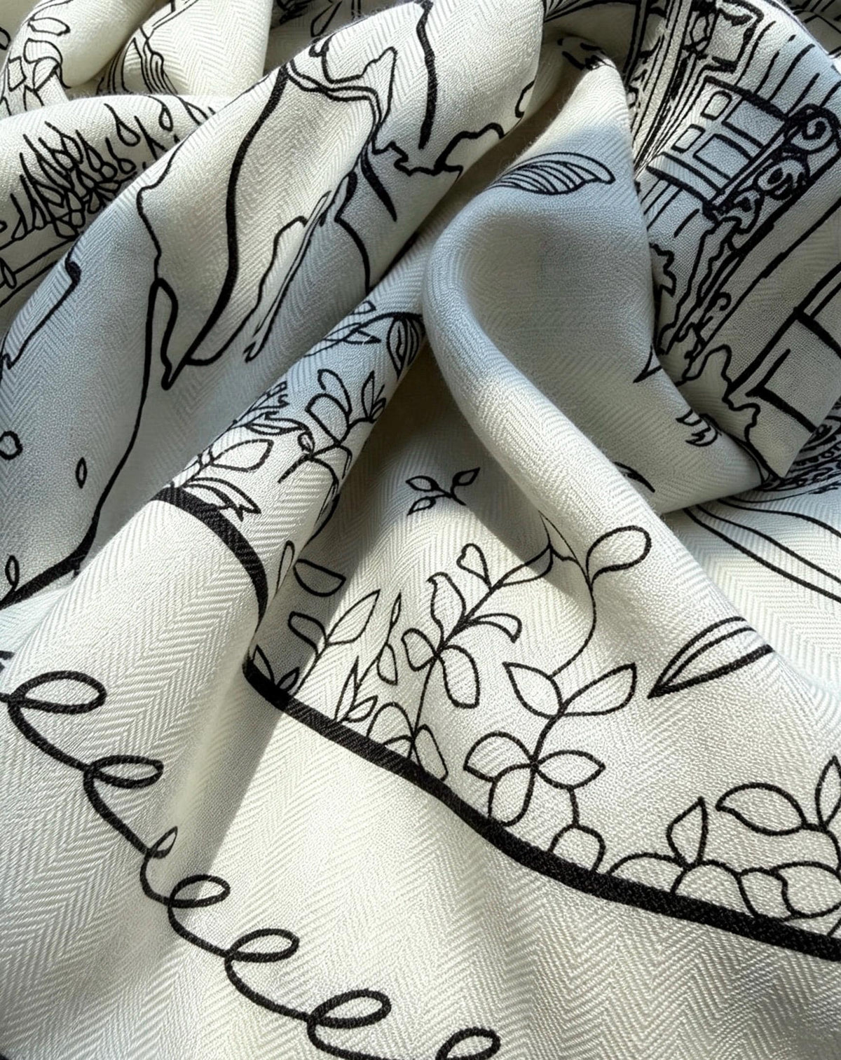 Silk Wool Scarf 53"x53" 135x135cm, Paris Street Sketch Minimalist French Style Silk Wool Blend Square Shawl, Classic Gift for Her