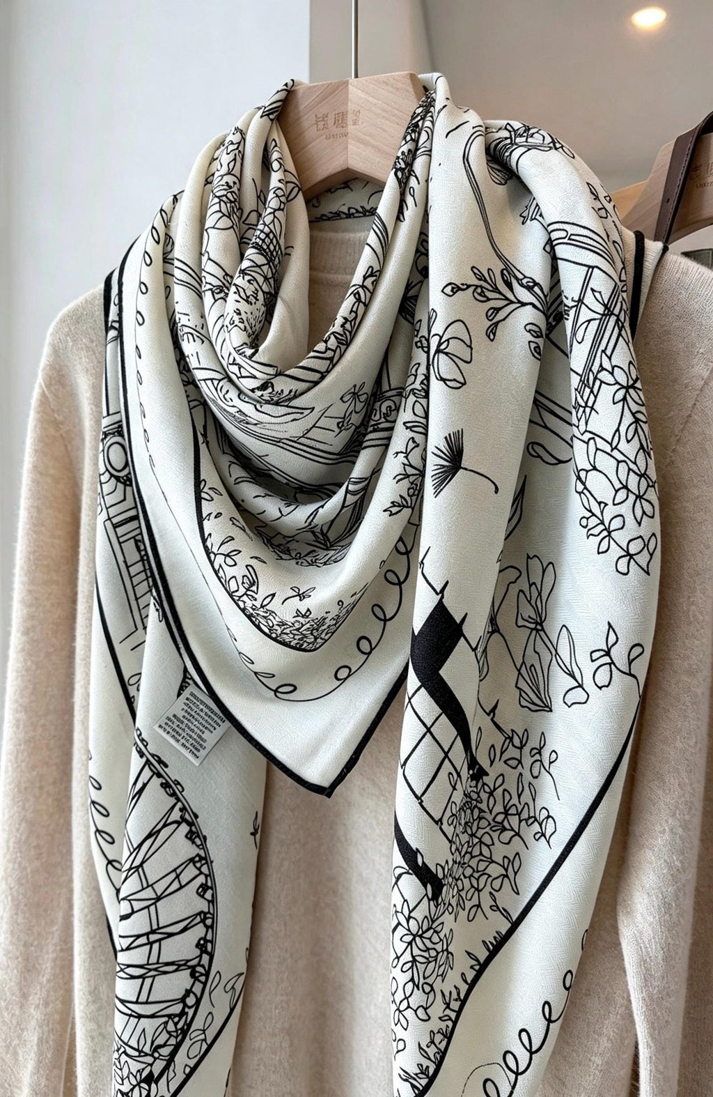 Silk Wool Scarf 53"x53" 135x135cm, Paris Street Sketch Minimalist French Style Silk Wool Blend Square Shawl, Classic Gift for Her