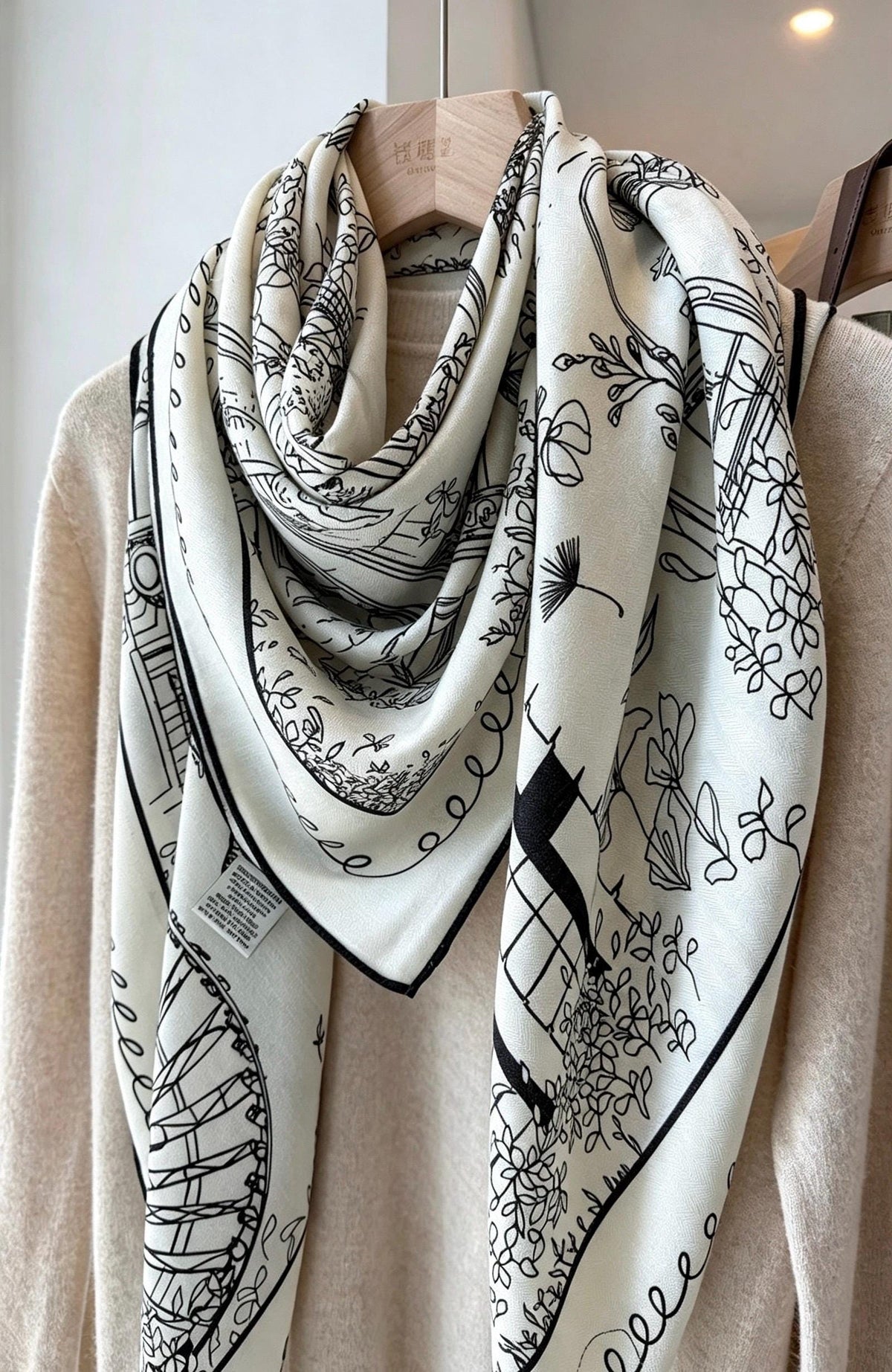 Silk Wool Scarf 53"x53" 135x135cm, Paris Street Sketch Minimalist French Style Silk Wool Blend Square Shawl, Classic Gift for Her