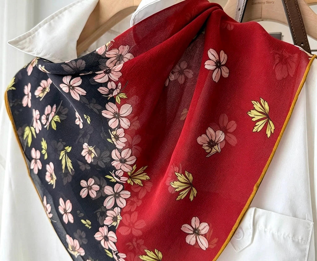 100% Mulberry Silk Scarf 26"x26" 65x65cm, Retro Color Block Georgette, Contrasting Silk Shawl, Aesthetic Art Gift for Her