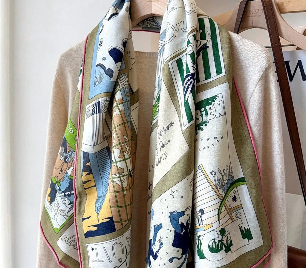 Silk Wool Scarf 53"x53" 135x135cm, Dreamy Blue Teal Romantic Storybook Silk Wool Blend Square Shawl, Elegant Gift for Her