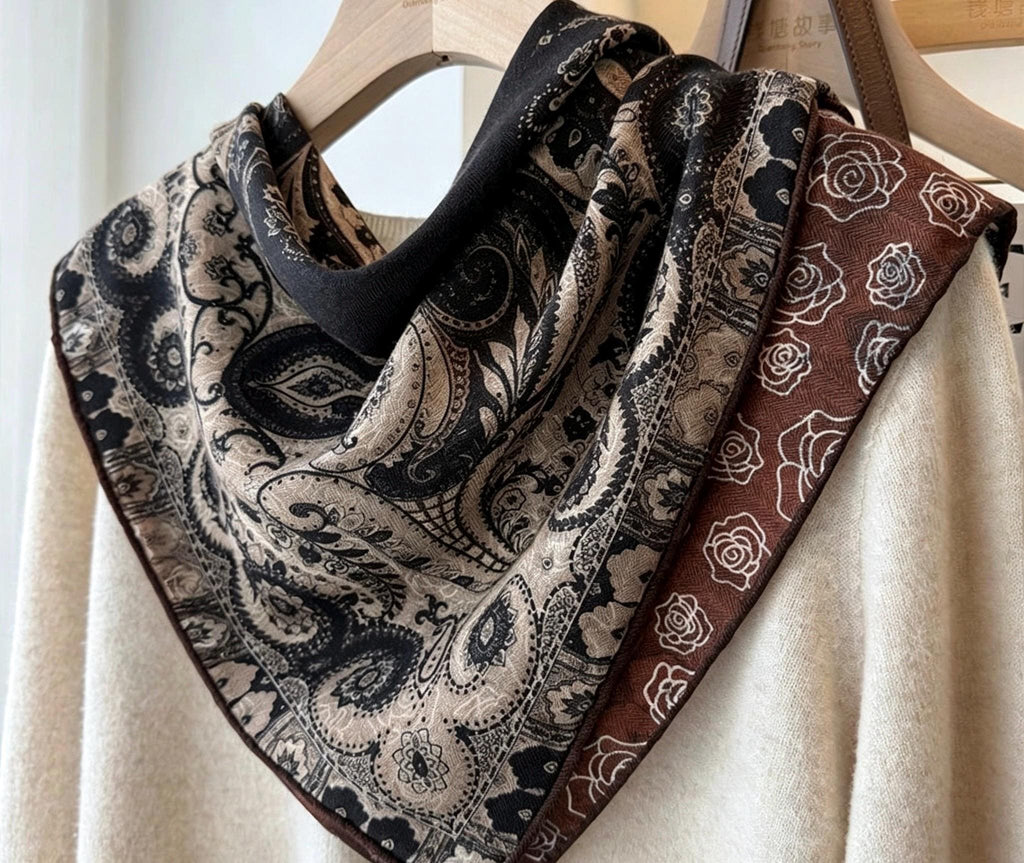 Mulberry Silk Wool Blend Scarf 26"x26" 65x65cm, Luxury Australian Wool Vintage Caramel Shawl, Elegant Autumn Winter Gift for Her Neckerchief