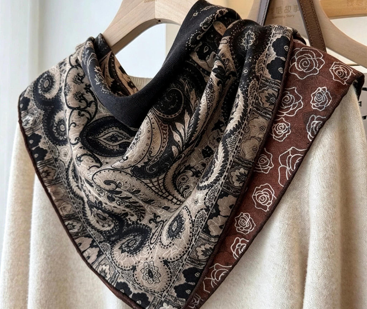 Mulberry Silk Wool Blend Scarf 26"x26" 65x65cm, Luxury Australian Wool Vintage Caramel Shawl, Elegant Autumn Winter Gift for Her Neckerchief
