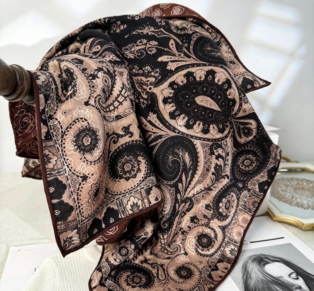 Mulberry Silk Wool Blend Scarf 26"x26" 65x65cm, Luxury Australian Wool Vintage Caramel Shawl, Elegant Autumn Winter Gift for Her Neckerchief