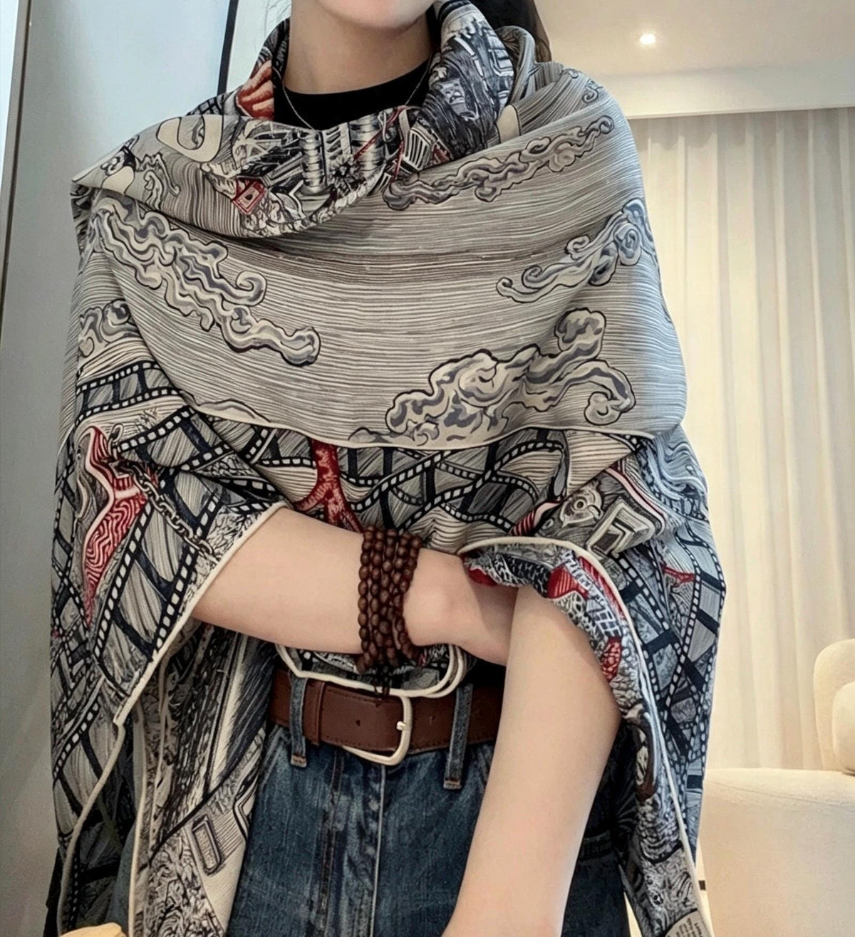 Silk Wool Scarf 53"x53" 135x135cm, Vintage Narrative Low Saturation Color Block Silk Wool Blend Square Shawl, Classic Gift for Her
