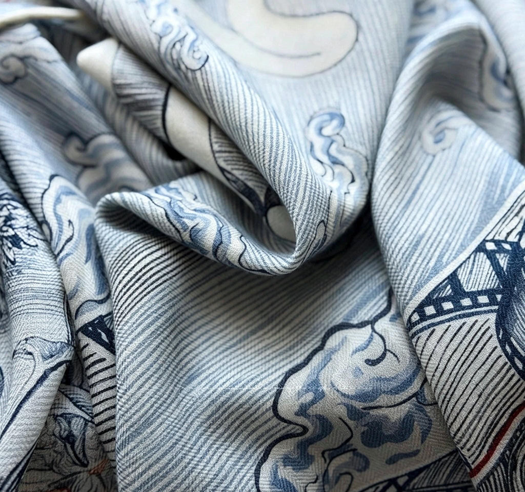 Silk Wool Scarf 53"x53" 135x135cm, Vintage Narrative Low Saturation Color Block Silk Wool Blend Square Shawl, Classic Gift for Her