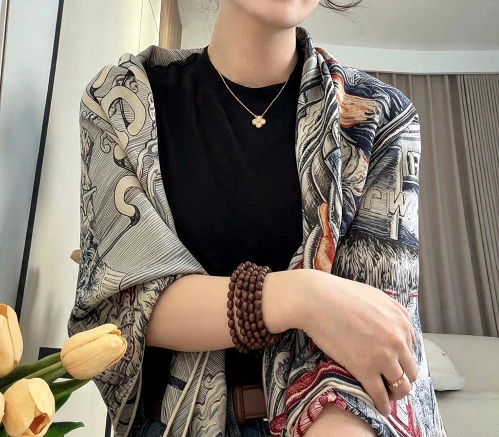 Silk Wool Scarf 53"x53" 135x135cm, Vintage Narrative Low Saturation Color Block Silk Wool Blend Square Shawl, Classic Gift for Her
