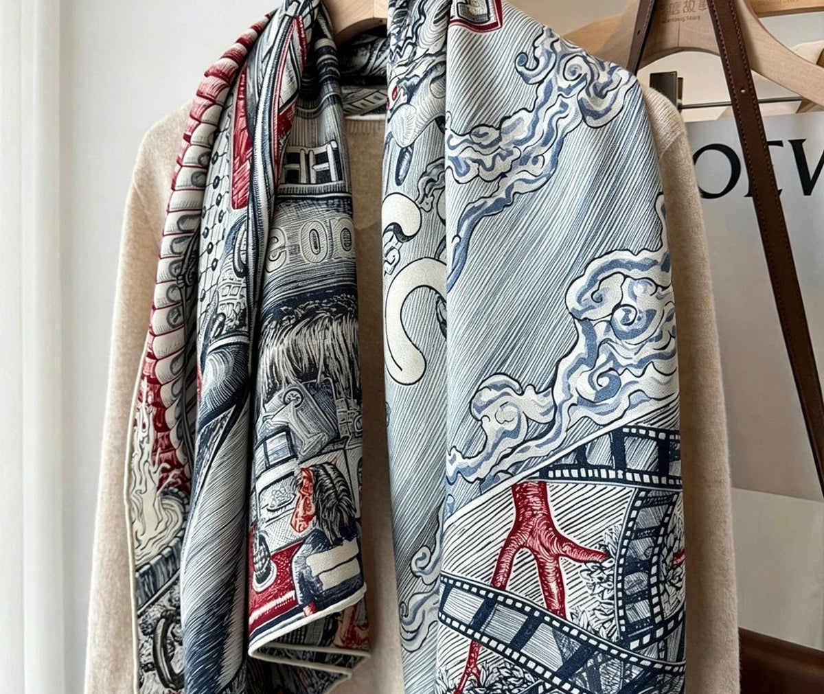 Silk Wool Scarf 53"x53" 135x135cm, Vintage Narrative Low Saturation Color Block Silk Wool Blend Square Shawl, Classic Gift for Her
