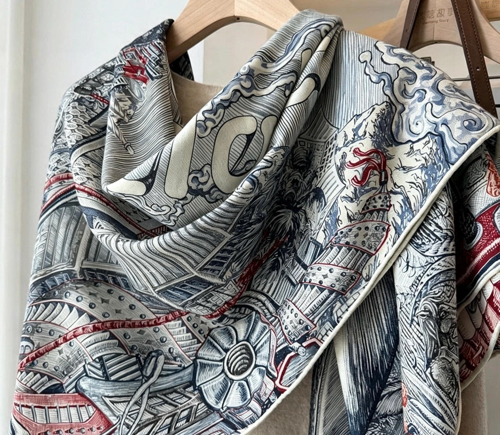 Silk Wool Scarf 53"x53" 135x135cm, Vintage Narrative Low Saturation Color Block Silk Wool Blend Square Shawl, Classic Gift for Her