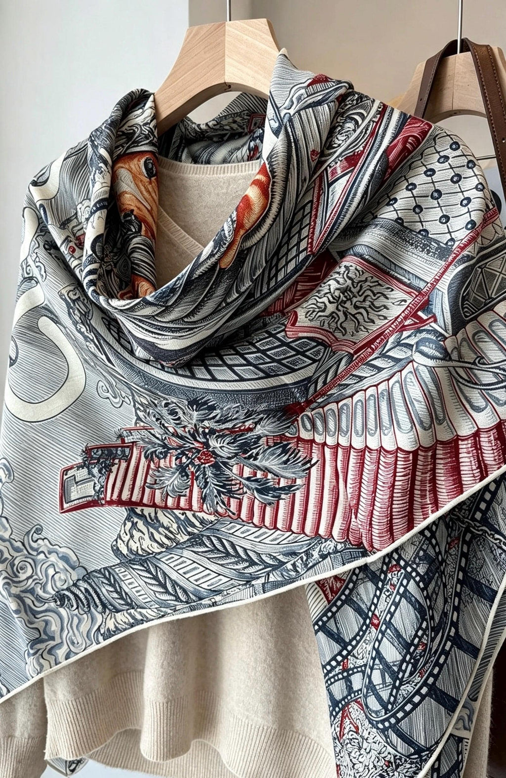 Silk Wool Scarf 53"x53" 135x135cm, Vintage Narrative Low Saturation Color Block Silk Wool Blend Square Shawl, Classic Gift for Her