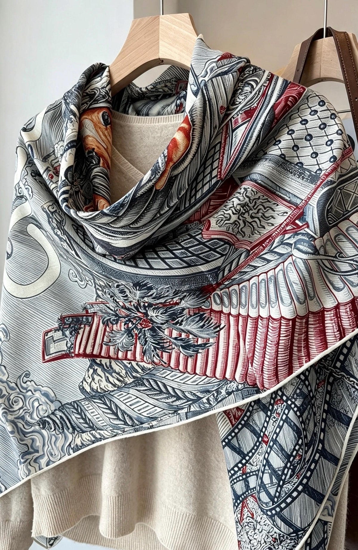 Silk Wool Scarf 53"x53" 135x135cm, Vintage Narrative Low Saturation Color Block Silk Wool Blend Square Shawl, Classic Gift for Her