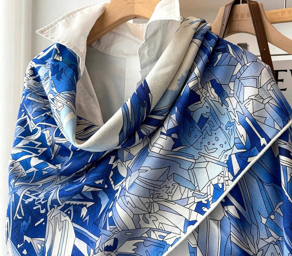 100% Wool Silk Blend Scarf 53"x53" 135x135cm, Reversible Double Sided Shawl, Romantic Ice Blue Wrap, Luxury Warm Winter Gift for Her