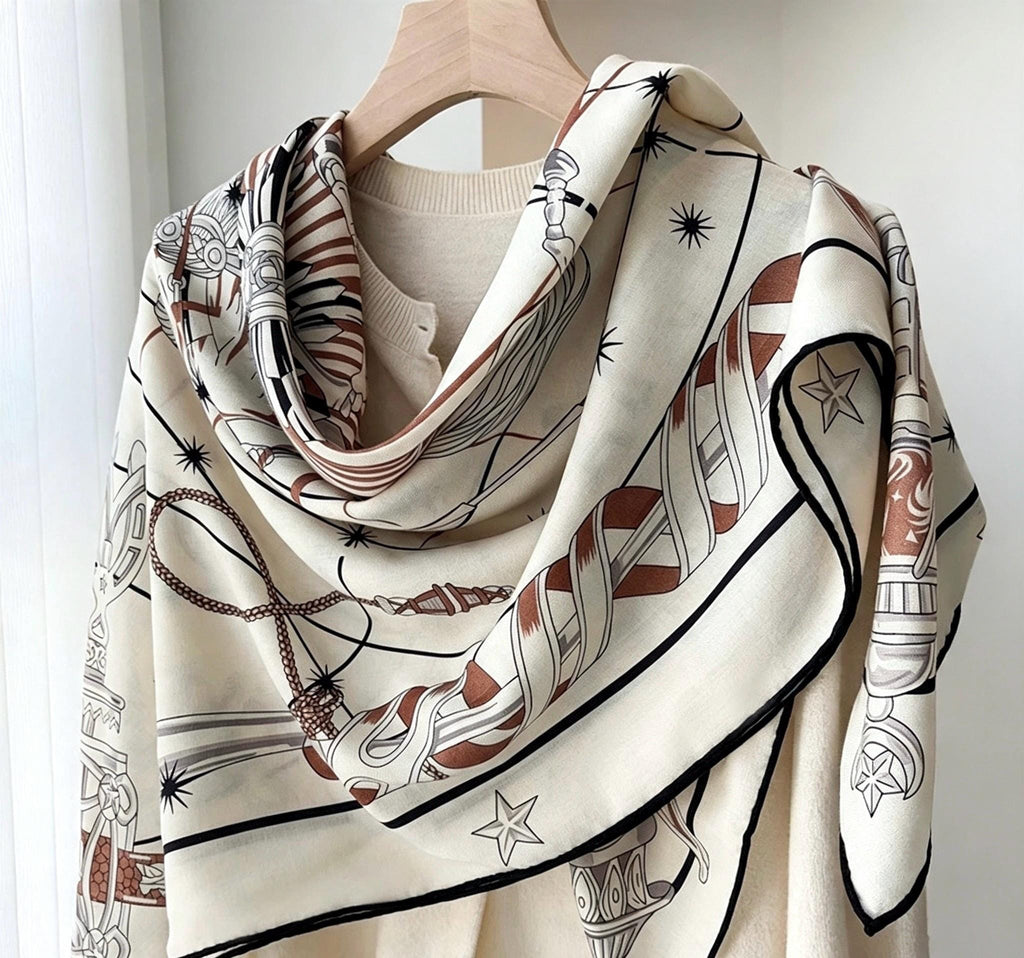 Silk Wool Scarf 53"x53" 135x135cm, Vintage Equestrian Heritage Silk Wool Blend Square Shawl, Luxury Collector Gift for Her