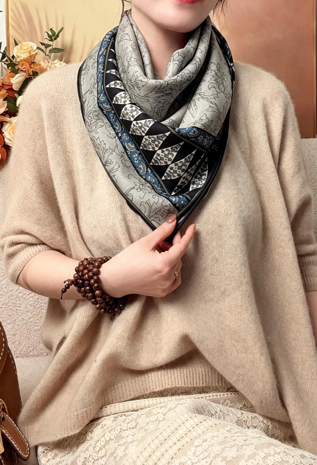 Silk Wool Scarf 33"x33" 85x85cm, Rustic Smoky Grey Silk Wool Blend Square Shawl, Lightweight Air Condition Wrap, Gift for Her