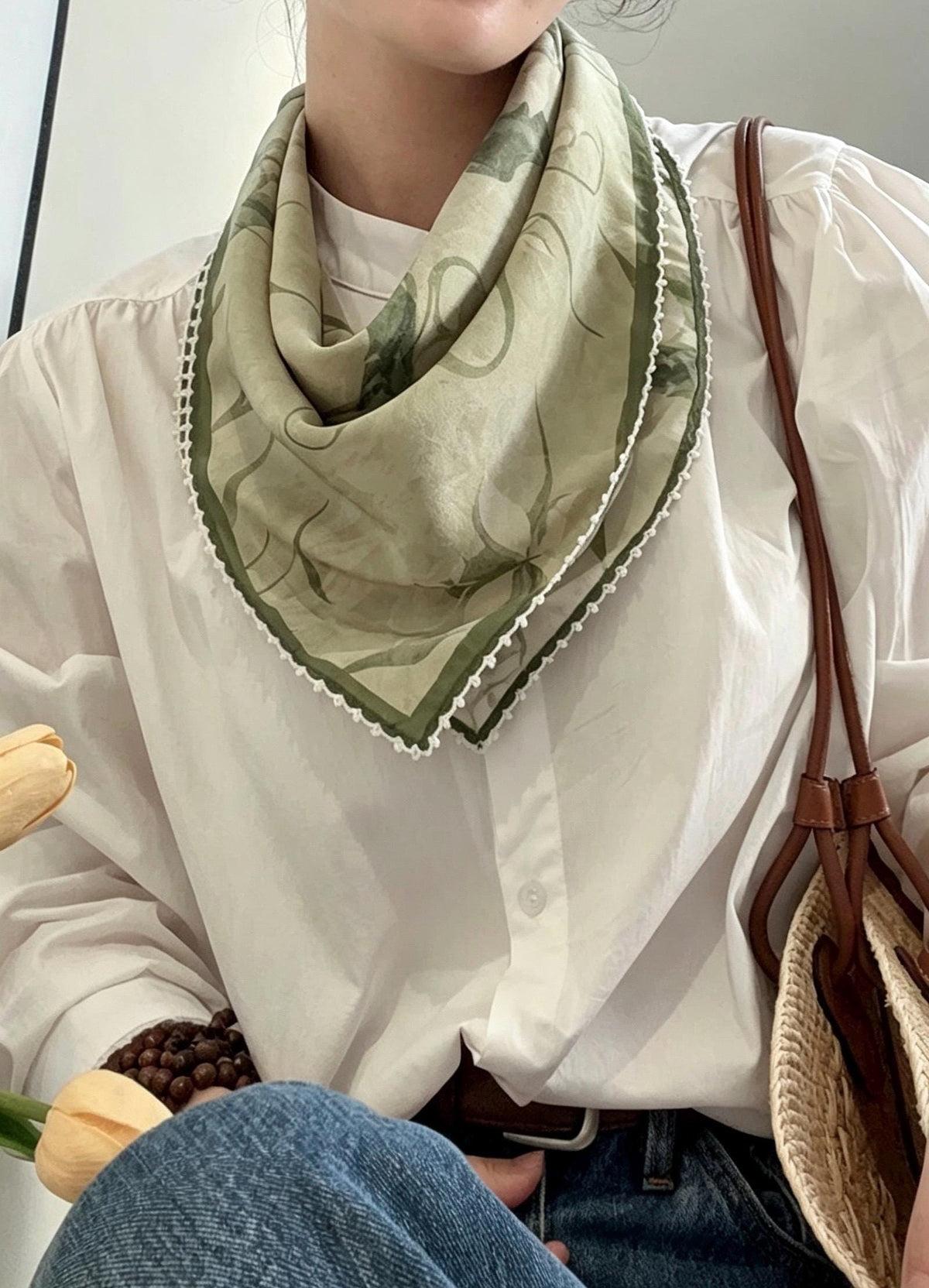 100% Mulberry Silk Scarf 26"x26" 65x65cm, Ink Orchid Botanical Print, Silk Crepe de Chine Square Wrap, Muted Green Summer Gift for Her